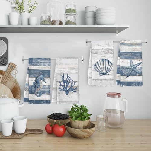 Beach Coastal Kitchen Towels and Dishcloths Set of 4, Nautical Beachy Seahorse - Image 2