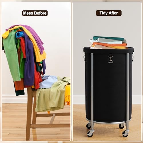 ELYKEN Laundry Basket with Wheels, Round Rolling Laundry Hamper - Image 7