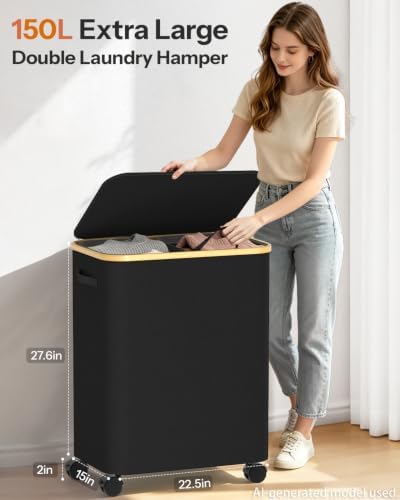 Double Laundry Basket with Wheels and Lid, 150L Clothes Hampers - Image 2