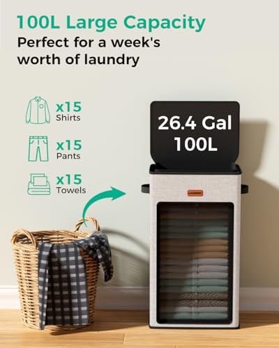 100L Laundry Hamper with Lid, Odor-Controlling Hamper with Handles, Collapsible - Image 3