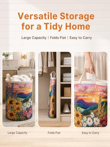 Quilted Laundry Basket with Handles, Boho Floral Quilted Storage Hamper - Image 2