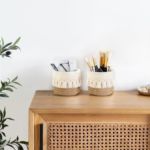 Mkono Macrame Makeup Brush Holder, Boho Mini Storage Basket Set of 2 - Image 2