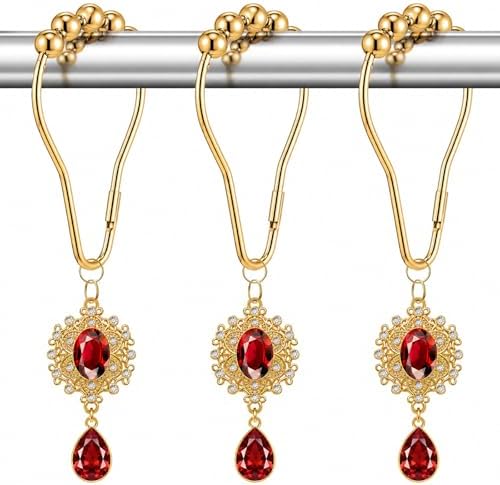 12PCS Red Gem Shower Curtain Hooks, Elegant Bathroom Decor by Koveni
