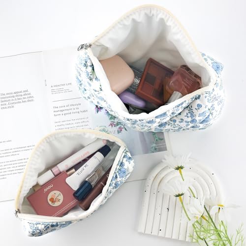 2Pcs Quilted Cotton Makeup Bag Travel Makeup Brush Bag Large Small Pouch Set - Image 5