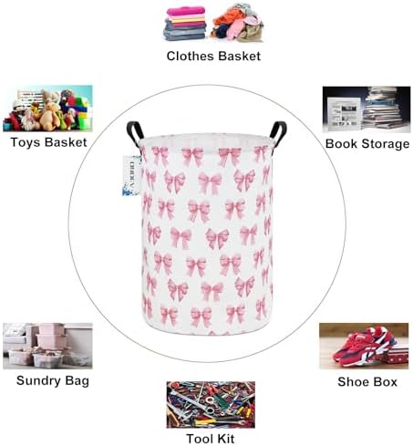 Round Large Pink Bow Print Waterproof Laundry Hamper - Image 3