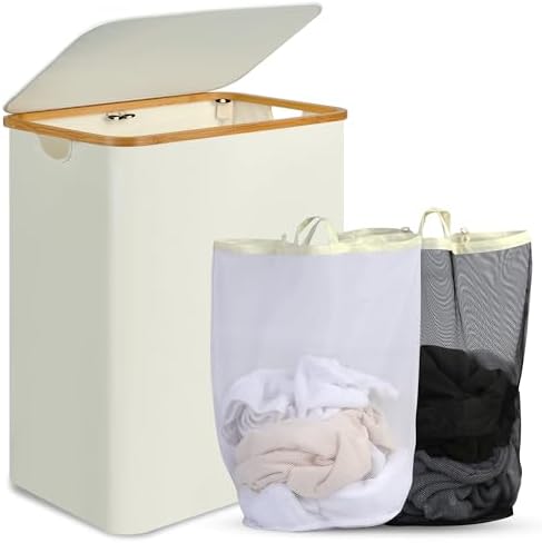 efluky Laundry Hamper with Lid, 160L Tall Laundry Basket with Bamboo Handles by efluky
