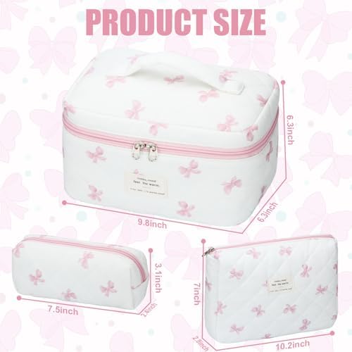 BuyCard Quilted Makeup Bag Set, CuteFloral Cotton Coquette Makeup Bag Toiletry - Image 2