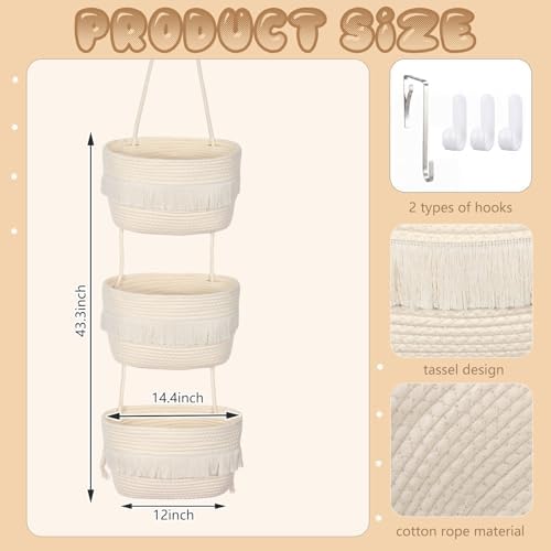 Boho Nursery Basket 3-tier Tassel Hanging Basket Organizer Cotton Rope Woven - Image 2