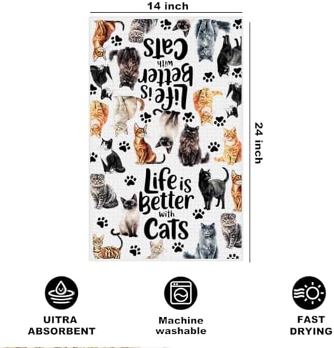 Jztco Cute Cat Kitchen Towels, Floral Cats Gifts Reusable Hand Towels - Image 2