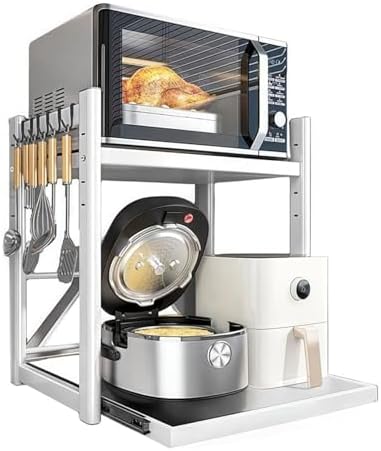 Adjustable 2-Tier Microwave Stand with Pull-Out Tray, Metal Kitchen Organizer Rack, Space-Saving Storage for Rice Cooker & Kitchen Essentials, 6 Hooks, Gray, Compact Design