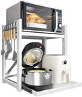 Adjustable 2-Tier Microwave Stand with Pull-Out Tray, Metal Kitchen Organizer Rack, Space-Saving Storage with 6 Hooks for Rice Cooker & Kitchen Essentials