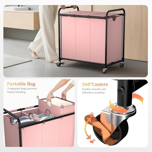 180L Laundry Sorter 3 Section, Rolling Laundry Basket - Image 5