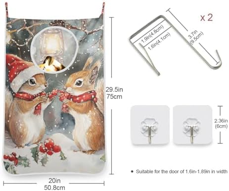 Christmas Squirrels Watercolor White Door Hanging Laundry Hamper Bag - Image 3