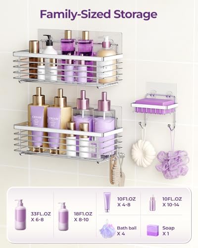 Shower Caddy Adhesive 3 Pack Stainless Steel Storage Organizers-Silver - Image 5