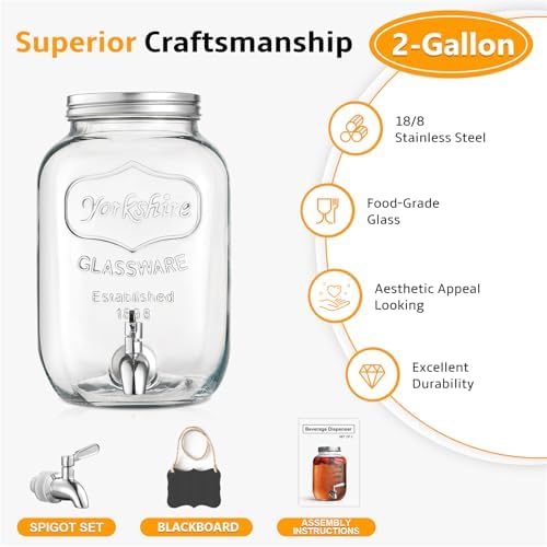 2 Gallon Glass Beverage Dispenser, 18/8 Stainless Steel Spigot and Lid - Image 5