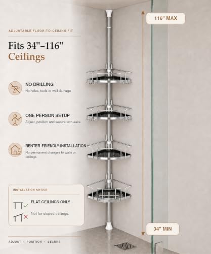 ALLZONE Corner Shower Caddy Tension Pole, 4 Hang-On Basket - Image 3