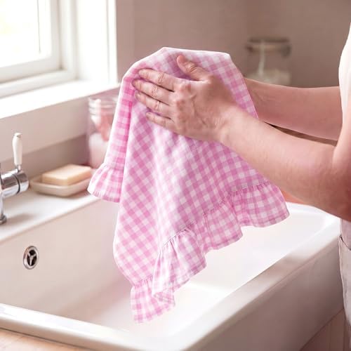 HunnmingRe 2 Pcs Hot Pink Gingham Kitchen Towels Cotton Ruffled - Image 4