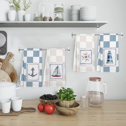 Preppy Nautical Kitchen Towels and Dishcloths Set of 4, Coastal Boat Wheel Dish - Image 2