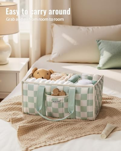 Blissful Diary Checkered Diaper Caddy Organizer, Storage Basket, Sage Green - Image 4