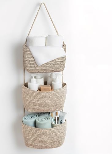 Over the Door Hanging Basket for Organizing 3 Tiers Woven Cotton Rope Wall - Image 4