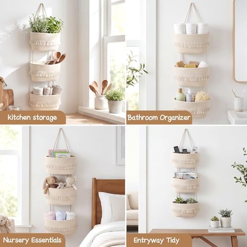Boho Nursery Basket 3-tier Tassel Hanging Basket Organizer Cotton Rope Woven - Image 6