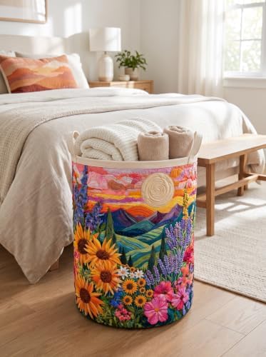 Quilted Laundry Basket with Handles, Boho Floral Quilted Storage Hamper - Image 5
