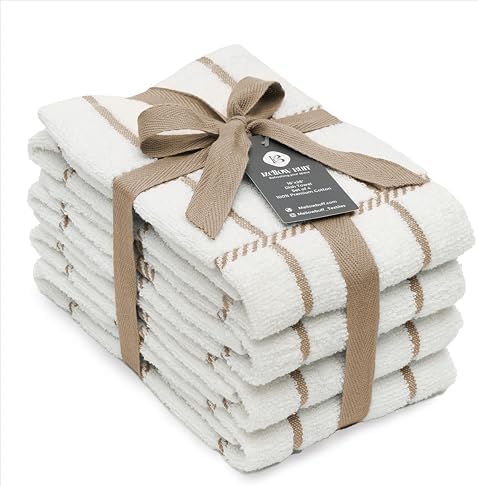 100% Cotton Terry Dish Towels, 4 Pack Checks, 16 x26 Inches, Super Soft and by Ecotribe