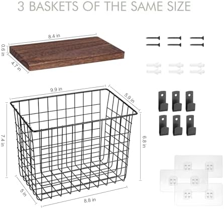 Wall Hanging Baskets, 3 Wooden Wire Bins - Image 2
