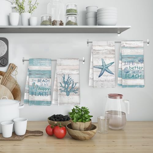 Coastal Beach Kitchen Towels and Dishcloths Set of 4, Life is Better at The - Image 2