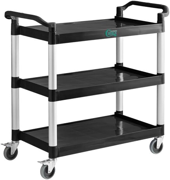 Black 3-Shelf Utility Bus Cart, Plastic Construction, 32 x 16 Inches, 300 lb Capacity, with Swivel Casters, Medium Duty Commercial