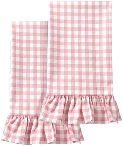 HunnmingRe 2 Pcs Light Pink Gingham Kitchen Towels Cotton Ruffled by HunnmingRe