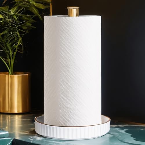 Paper Towel Holder Countertop, Ceramic Base, Fits Double to Family Rolls by VROOMIUM-BETTERDESIGN