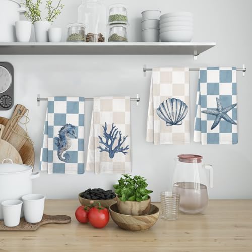Preppy Coastal Kitchen Towels and Dishcloths Set of 4, Beachy Checkered - Image 2