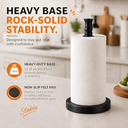 Black Paper Towel Holder Countertop, Stainless Steel Heavy Weighted Base - Image 6