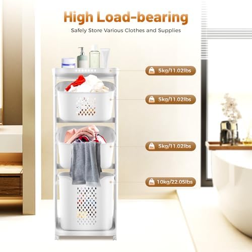 3 Tier Rolling Laundry Hamper Storage Sorter, Vertical Rolling Laundry Baskets - Image 4