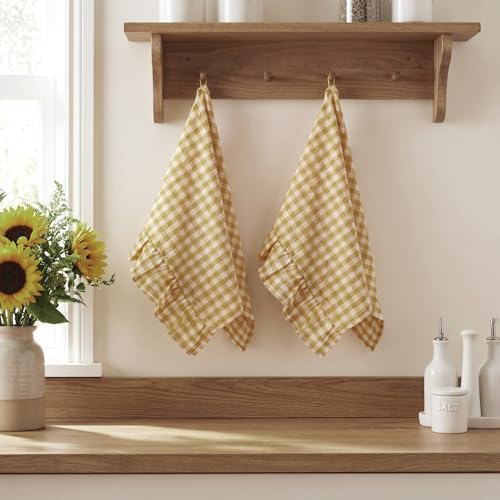 HunnmingRe 2 Pcs Yellow Pink Gingham Kitchen Towels Cotton Ruffled - Image 5