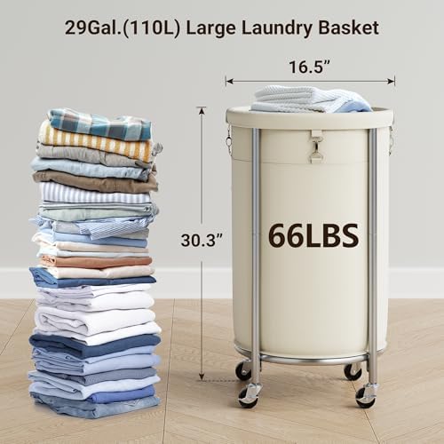 ELYKEN Laundry Basket with Wheels, Round Rolling Laundry Hamper - Image 3