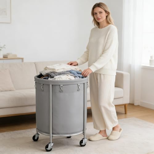ELYKEN Laundry Basket with Wheels, Round Rolling Laundry Hamper - Image 2
