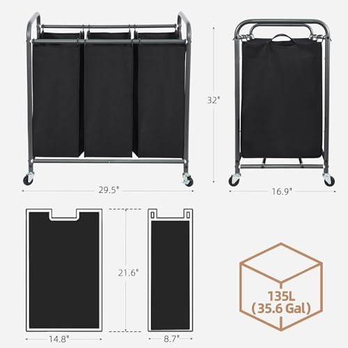STORAGE MANIAC 3 Section Laundry Sorter, 35.6 Gal Laundry Hamper Cart - Image 3