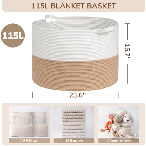 INDRESSME 115L Extra Large Woven Rope Blanket Basket Living Room - Image 2