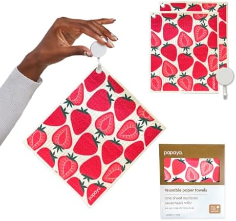 Papaya Swedish Dishcloths for Kitchen, 2 Reusable Paper Towels, 1 Hook by Papaya