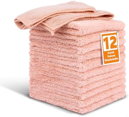 TEAWOO Coral Velvet Nude Pink Washcloths 12 Pack, Highly Absorbent and Soft by TEAWOO