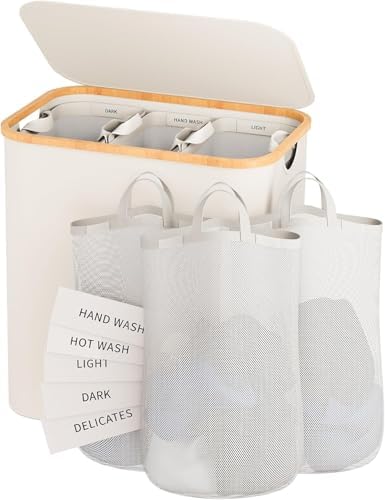 160L Laundry Hamper with Lid, 3 Section Laundry Basket with 3 Removable Bag by Bathola