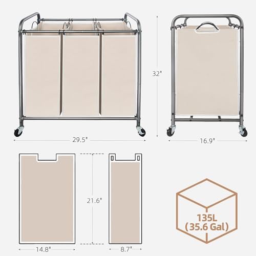 STORAGE MANIAC 3 Section Laundry Sorter, 35.6 Gal Laundry Hamper Cart - Image 3