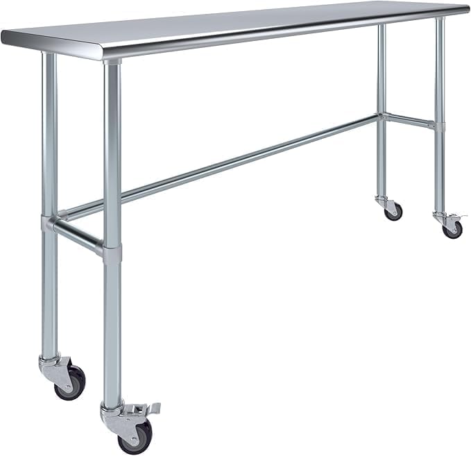 Stainless Steel Work Table Open Base & Wheels | Work Station | Metal Work Bench (Stainless Steel Work Table Open Base + Casters) (72" Long x 24" Deep)