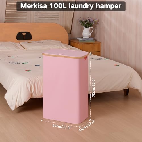 100L Laundry Hamper with Lid, Lagre Basket with Bamboo Handles, Foldable - Image 2