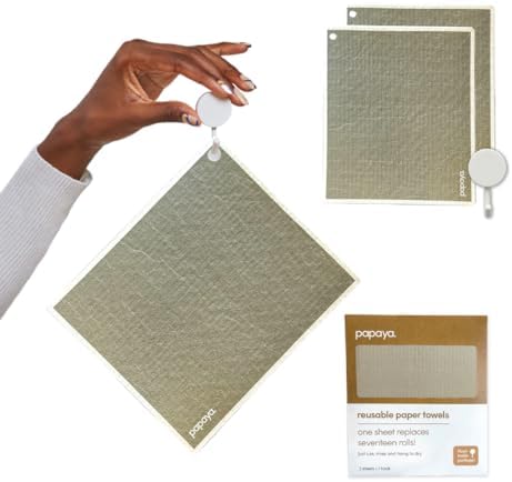 Papaya Swedish Dishcloths for Kitchen, 2 Reusable Paper Towels, 1 Hook by Papaya