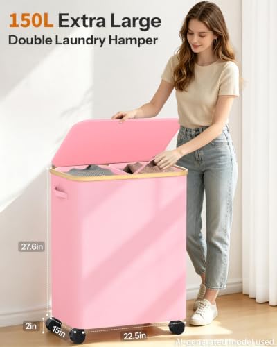 Double Laundry Basket with Wheels and Lid, 150L Clothes Hampers - Image 2