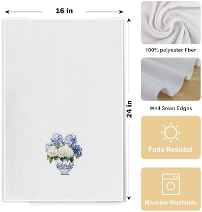 Blue and White Porcelain Chinoiserie Kitchen Towels Set of 2, Hydrangea Floral - Image 5