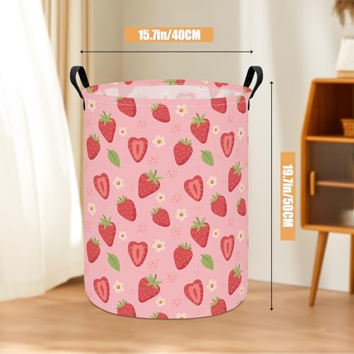 Round Laundry Basket Collapsible Storage Hamper Flower Strawberry - Image 2